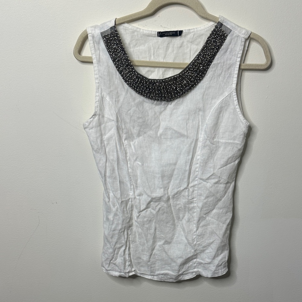 100% Linen Embellished Collar White Sleeveless Too